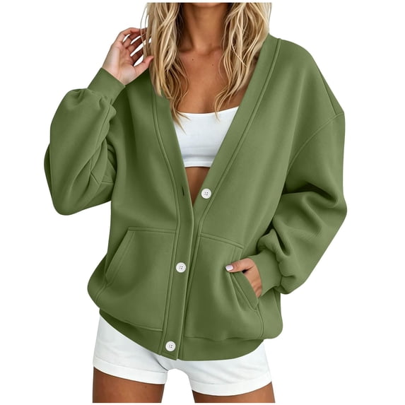 Textilo Women's V Neck Button Down Sweatshirt Jacket Long Sleeve Sweatshirts with Pockets Solid Color Jacket 2026 Y2k Casual Fall Spring Comfy Clothes,Camouflage Green 2XL