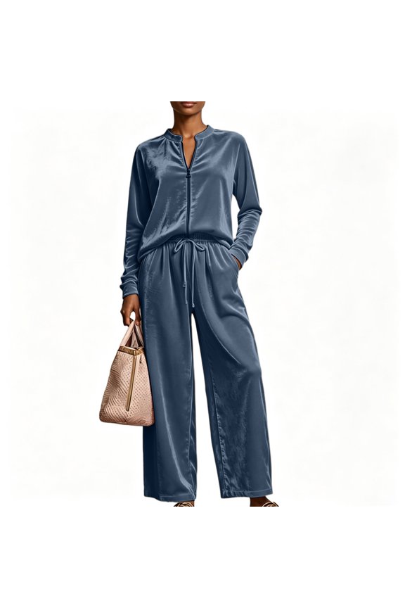 Women's Velour Set Long Sleeve Zip Up Top and Wide Leg Drawstring Pants Set with Pockets High Waist Set Loose-Fit Spring Summer Travel Vacation Fashion Activewear,Gray XL