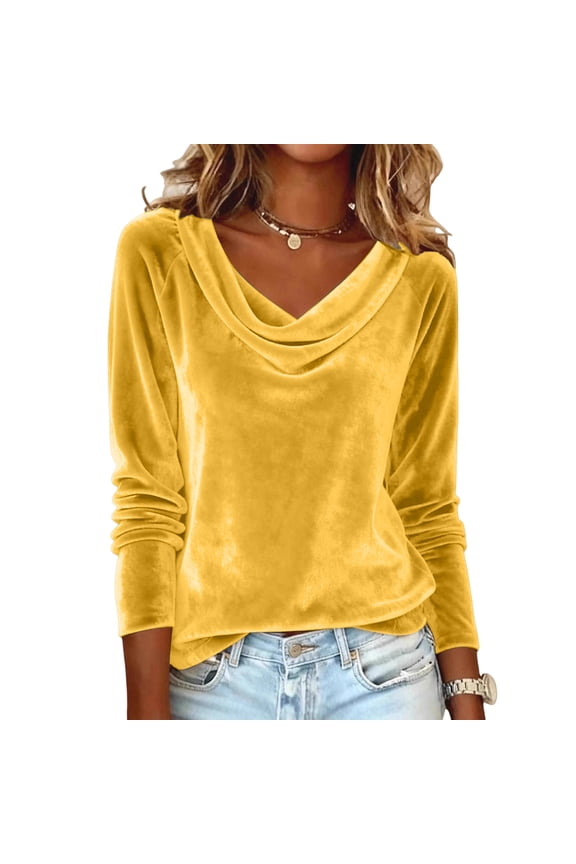 Women's Velvet T Shirts Casual long Sleeve Solid Shirt Cowl Neck Drape Ruched Front Long Sleeve Blouses Tops Coffee 02 2XL