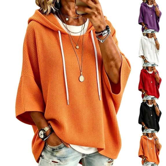 Textilo Women's Waffle Knit Hoodies 3/4 Batwing Sleeve Crew Neck Hoodies Hooded Drawstring Pullover Sweaters Fall Winter Loose Fit Cute Y2k Lightweight Top,Saffron L