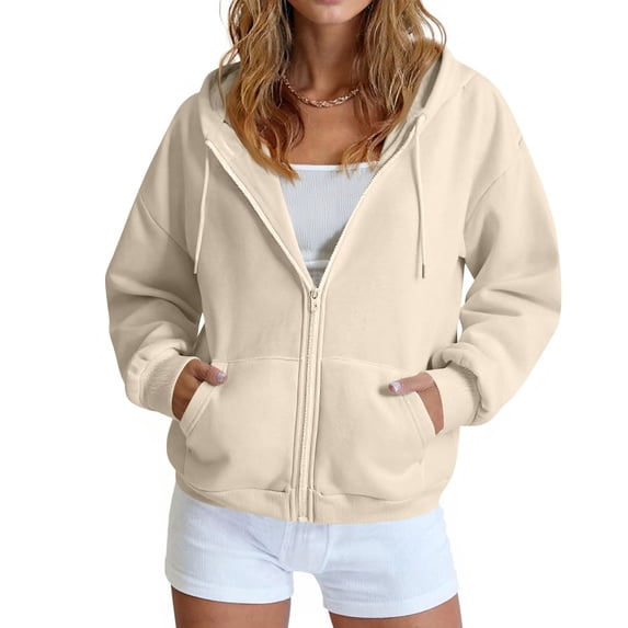 Textilo Women's Zip Up Hoodies Long Sleeve Drawstring Hooded Sweatshirt with Pockets Drop Shoulder Solid Color Track Jackets Y2k 2026 Casual Fall Winter Loose Fit Wear,Beige M