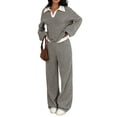 thumbnail image 1 of Textilo Womens 2 Piece Lounge Sets Striped Long Sleeve Collared Top and Straight Wide Leg Pants Set V-Neck Set Fall Winter Travel Breathable Loose Casual Wear,Black M, 1 of 6