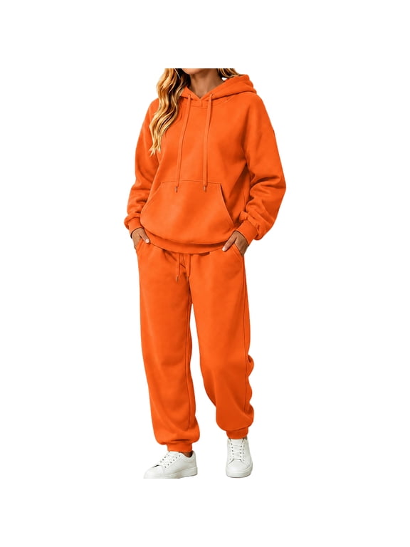 Womens 2 Piece Sweatsuit Long Sleeve Drawstring Hoodies Wide Leg Pants with Pockets Fall Winter Lounge Causal Travel Comfy 2026 2 Piece Sweatsuit for Women,Orange S