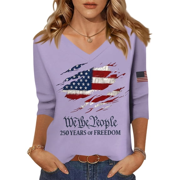 Textilo Womens American Patriotic T Shirts 3/4 Sleeve V-Neck Shirts American Flag Design Tshirts 250 Year American Anniversary Freedom Tee Tops,Purple M