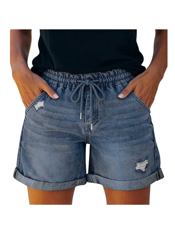 Womens Casual Jean Shorts Elastic High Waisted Drawstring Rolled Hem Denim Shorts with Pockets Stretchy Cut Off Jeans Shorts Summer Y2k Lightweight Comfy Short,Blue L