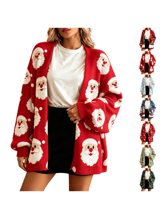 Womens Christmas Cardigan Sweaters Long Sleeve Funny Xmas Cardigan Sweater Open Front Santa Claus Coats Soft Fall Winter Sweater Coats