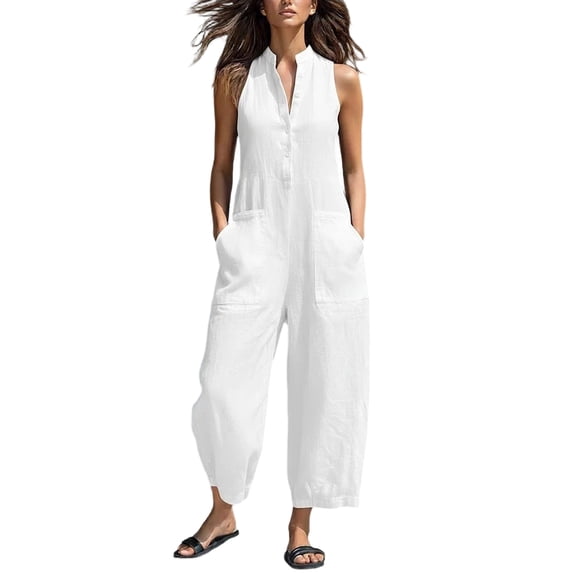 Textilo Womens Cotton Linen Jumpsuit Sleeveless Wide Leg Button Front Jumpsuits V Neck Stand Collared Overalls with Pockets Casual Summer Loose Fit Work Party Clothing,White L