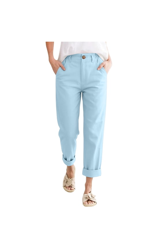 Womens Cotton Linen Pants Cuffed Cropped Straight Leg Button Capri Pants with Pockets Elastic High Waisted Trousers Loose Fit Summer Vacation Baggy Lounge Slacks,Sky Blue XL
