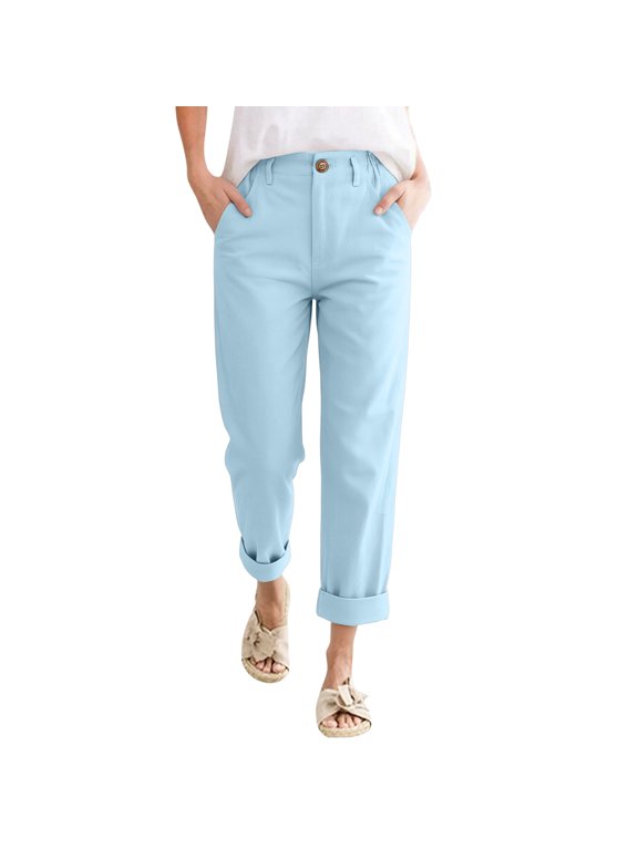 Womens Cotton Linen Pants Cuffed Cropped Straight Leg Button Capri Pants with Pockets Elastic High Waisted Trousers Summer Vacation Loose Fit Baggy Casual Slacks,Sky Blue L