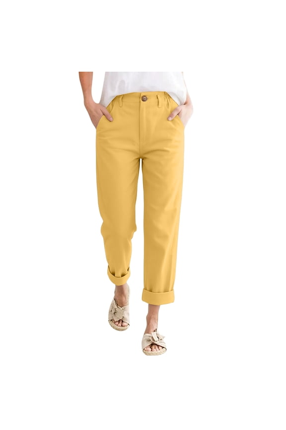 Womens Cotton Linen Pants Cuffed Cropped Straight Leg Button Pant with Pockets Elastic High Waisted Trouser Loose Fit Summer Vacation Baggy Lounge Slacks,Yellow XL