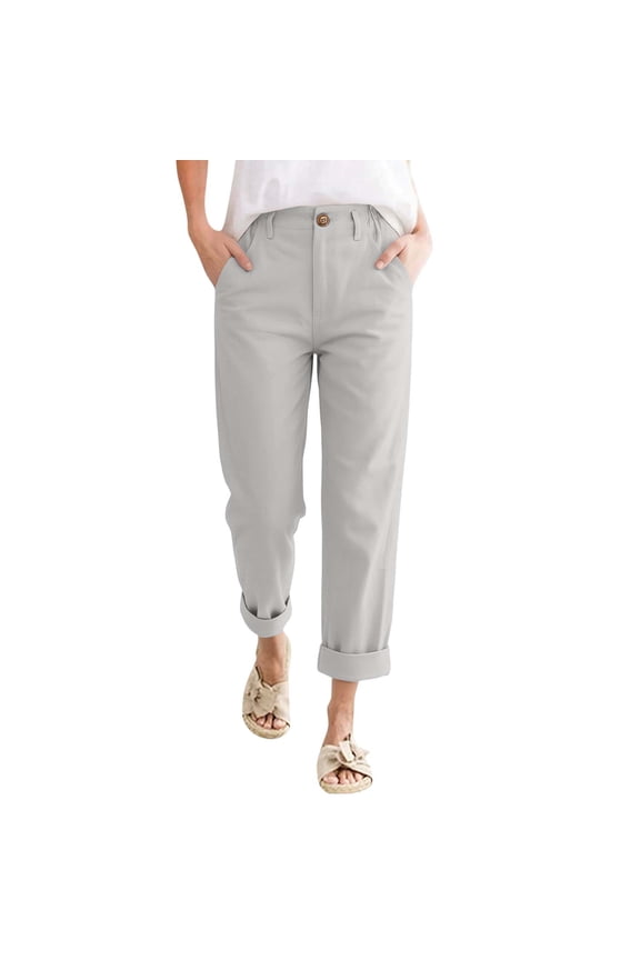 Womens Cotton Linen Pants Cuffed Cropped Straight Leg Button Pants with Pockets Elastic High Waisted Trouser Lounge Summer Beach Vacation Casual Outfits,Light Gray M