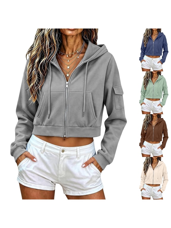 Womens Cropped Zip Up Hoodie Long Sleeve Drawstring Hooded Sweatshirts with Cargo Pockets Hoodie Y2k Cute Lightweight Loose Fit Workout Clothes,Beige L