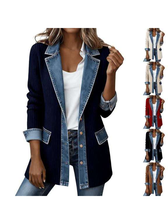 Womens Denim Patchwork Collared Shirt Jacket Ribbed Knit Button Down Jacket Lapel Collar Long Sleeve Denim Spliced Shacket Loose Fit 2026 Winter Fall Casual Soft Wear,Black XL