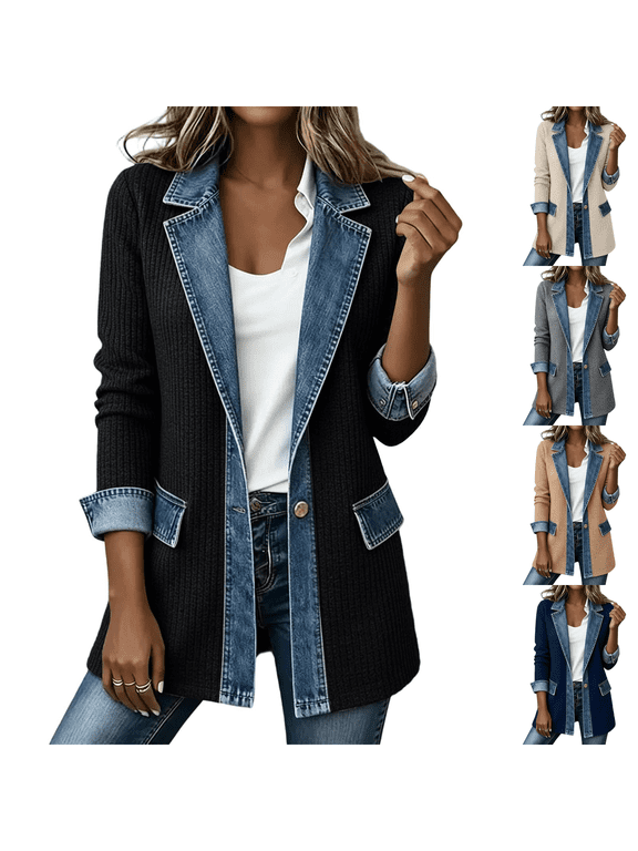 Womens Denim Patchwork Collared Shirt Jacket Ribbed Knit Button Down Jacket Lapel Collar Long Sleeve Denim Spliced Shacket Loose Fit 2026 Winter Fall Casual Soft Outerwear,Black 2XL