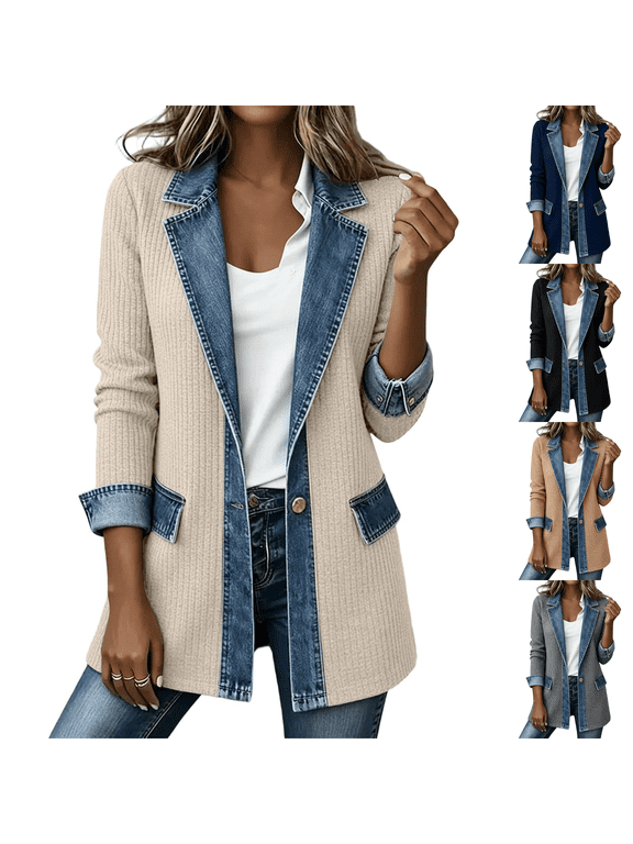 Womens Denim Patchwork Collared Shirt Jacket Ribbed Knit Button Down Jackets Lapel Collar Long Sleeve Denim Spliced Jean Shacket Office 2026 Winter Fall Soft Loose Fit Outerwear,Beige M