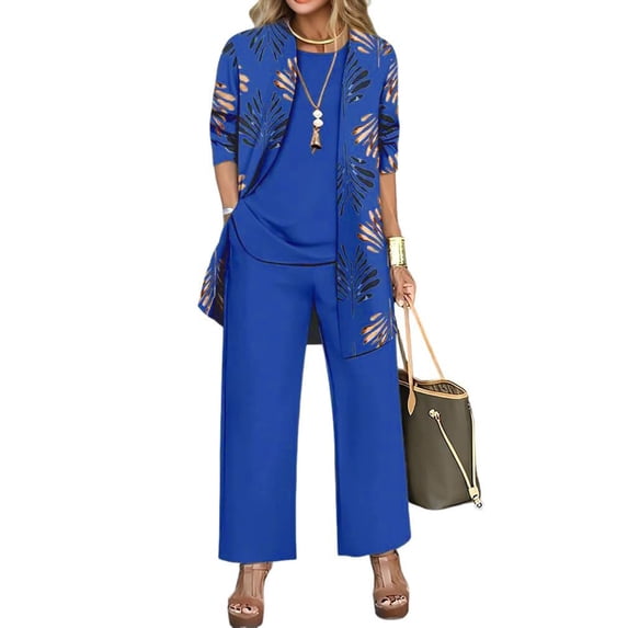 Textilo Womens Dressy Pant Suits 3pc 3/4 Sleeve Floral Cardigan Sleeveless Top Wide Leg Pants Set Suits Wedding Guest Pant Suits,Blue L