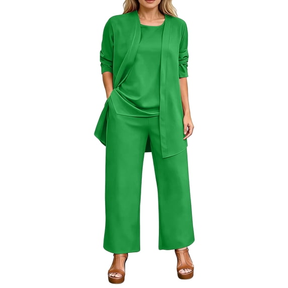 Textilo Womens Dressy Pant Suits 3pc Sleeveless Tops Palazzo Pants with 3/4 Sleeve Cardigan Suits Wedding Guest Pant Suits,Green M