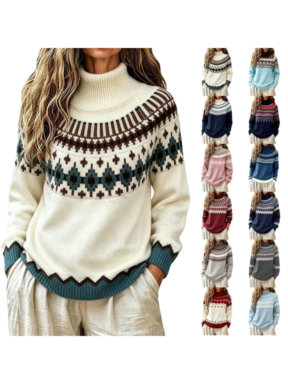 Womens Fair Isle Oversized Sweater Long Sleeve Crew Neck Knitted Sweaters Color Block Pullover Fall Winter Loose Fit Boho Argyle Western Outfits,Red 3XL