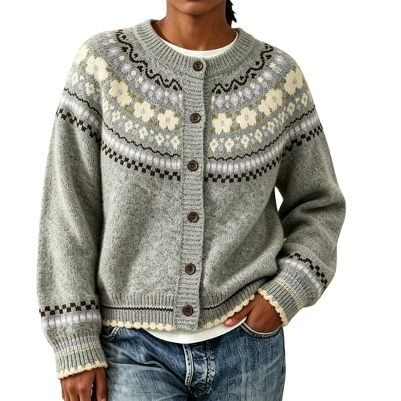 Textilo Womens Fair Isle Sweaters Long Sleeve Crewneck Button Up Cardigans Ribbed Knit Geometric Pattern Coats Trendy Fall Winter Cute Fashion Lightweight Clothes,Gray L