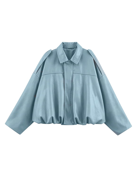 Womens Faux Leather Bomber Jacket Long Sleeves Full Zip Up Jackets with Pockets Lapel Collar Coat Casual Fashion Spring Fall Trendy Streetwear,Sky Blue XL