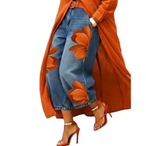 Textilo Womens Floral Print Jeans Wide Leg High Waisted Denim Pants with Pockets Cropped Jean Baggy Trendy Loose Casual Clothes,Orange 2XL