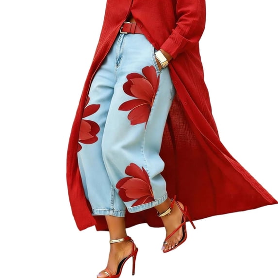 Textilo Womens Floral Print Jeans Wide Leg High Waisted Denim Pants with Pockets Cropped Jeans Trendy Loose Casual Baggy Capri Pants,Light Blue XL