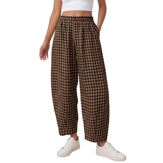 Textilo Womens Gingham Pants Straight Wide Leg Trousers with Pockets Elastic High Waisted Pant Flowy Lightweight 2026 Casual Loose Clothes,Brown XL