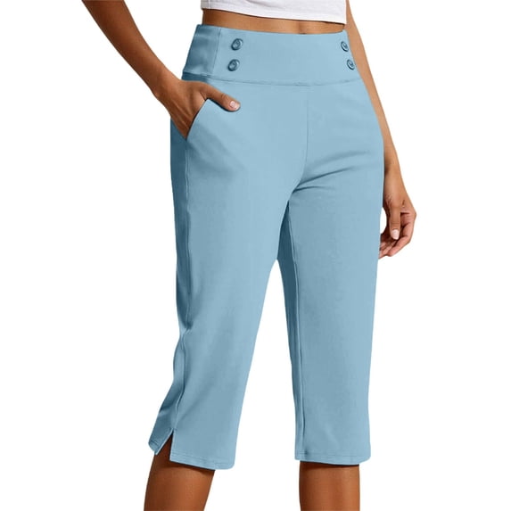 Textilo Womens Golf Capris Elastic High Waisted Side Slit Stretch Trousers with Pockets Straight Leg Button Pant Golf Yoga Work Lightweight Summer Casual Clothes,Sky Blue M