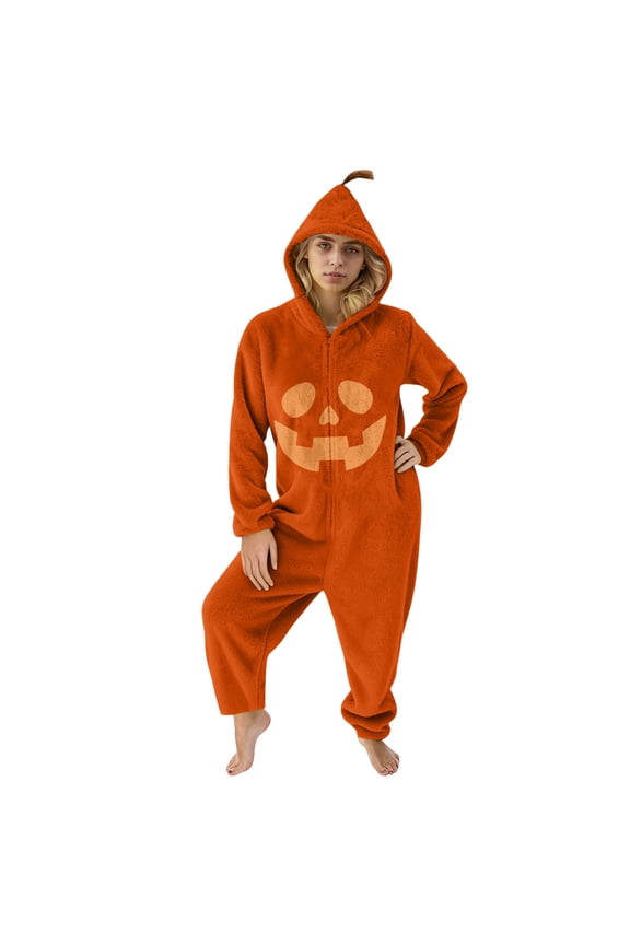 Womens Halloween Print Pajama Set Flannel Long Sleeve Hooded Jumpsuit Wide Leg Full Zip Up Rompers Comfy Soft Lounge 2026 Trendy Lightweight Outfit Clothes,Ginger 2XL