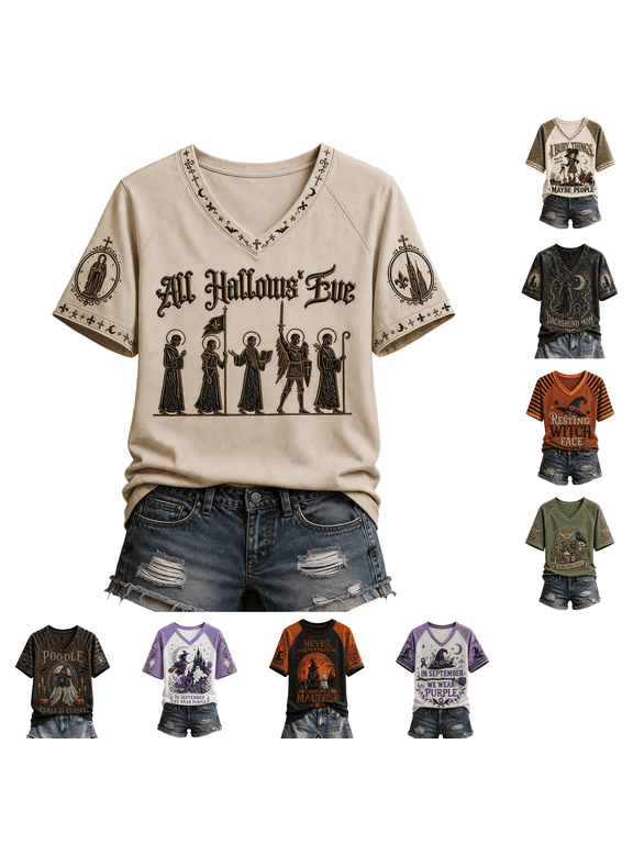 Womens Halloween Print T-Shirt Raglan Short Sleeve V-Neck Shirt Witch Graphic Tshirts Funny Spooky Season Vintage Comfort Tee