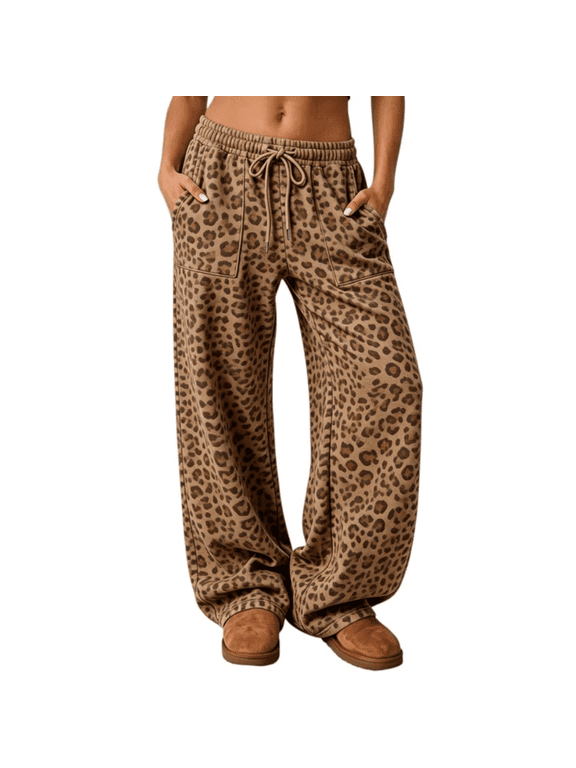 Womens Leopard Sweatpants Cheetah Print Wide Leg Pant with Side Pockets Drawstring Elastic Waist Joggers Fall Winter Loose Fit Baggy Comfy Casual Slacks,Coffee L