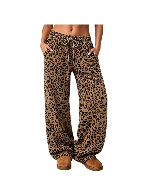 Womens Leopard Sweatpants Cheetah Print Wide Leg Pants with Side Pockets Drawstring Elastic Waist Trousers Comfy Loose Fit Fall Winter Casual Lounge Slacks,Camel M