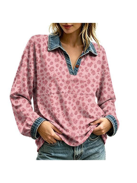 Womens Leopard pattern Denim Shirt Patchwork Denim Long Sleeve Jean Shirt Button V Neck Collared Top Casual Loose Fit Retro Fall Winter 2026 Clothes,Pink S