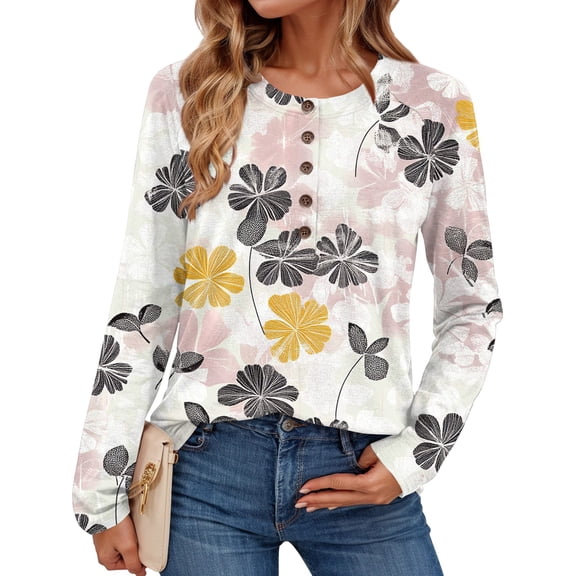 Textilo Womens Long Sleeve Tops Casual Crew Neck Button Top Loose Fit Henley T-Shirt Holiday Floral Printed Spring Fashin Clothing