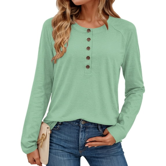 Textilo Womens Long Sleeve Tops Lounge Crew Neck Button Tops Loose Fit Henley Shirt Work Solid Color Fall Fashin Clothing