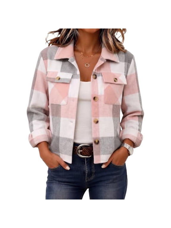 Womens Plaid Cropped Jackets Shackets Long Sleeve Button Down Shirts Jackets with Pockets Collared Crop Shackets Casual Fall Winter Warm Loose Trendy Outfits,Pink S