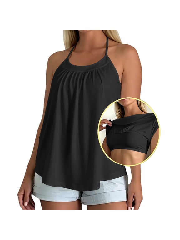 Womens Plus Size Tank Tops with Built In Bras Halter Neck Pleated Spaghetti Strap Tank Tops Sleeveless Racerback Cami Shirts Lightweight Loose Fit Casual Flowy Comfy Tops,Black M