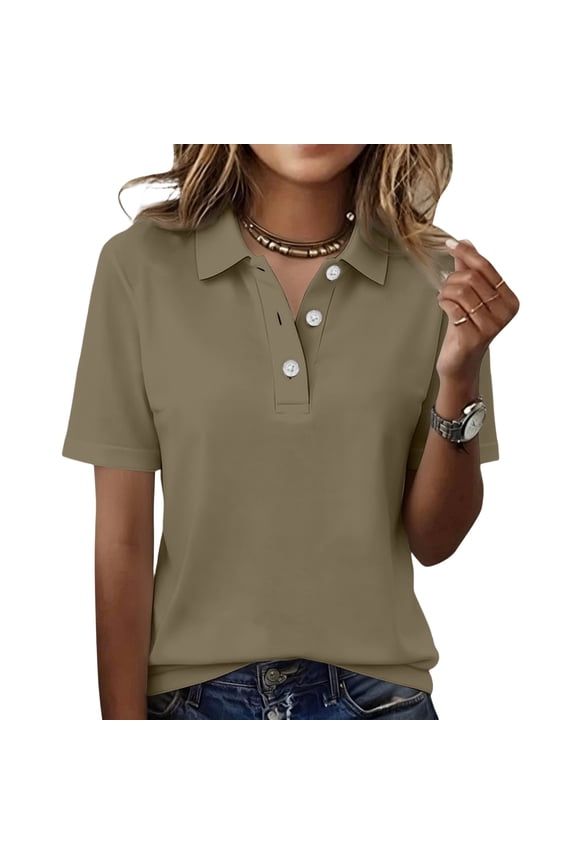 Womens Polo Shirts Short Sleeve Lapel Collar Shirts Button Solid Color Tshirts Loose Summer Vacation Trendy Business Blouses,Light Brown M