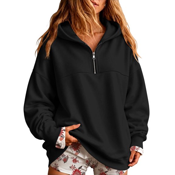 Textilo Womens Quarter Zip Pullover Fleece Long Sleeve Hoodies Zip Up Hooded Sweatshirt Fall Winter Loose Fit Casual Outfits,Black S