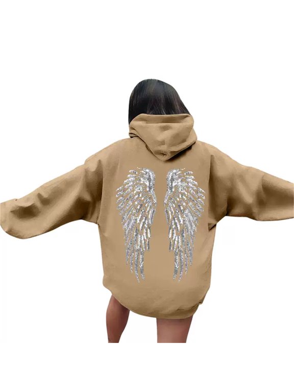 Womens Sequin Angel Wings Hoodies Sparkly Wing Print Long Sleeve Pullover with Pockets Hooded Drawstring Hoodie Baggy Fashion Y2k 90s Vintage Sweat Shirt,Khaki S