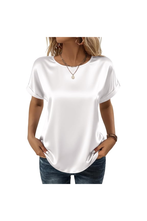 Womens Short Sleeve Tops Lounge Blouses Satin Silk Pullover Loose Crewneck Tunic Tops Roll Up Sleeve Summer Clothes White L