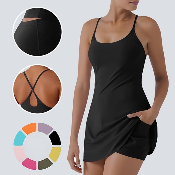 Textilo Womens Square Neck Tennis Dress Built In Shorts with Pockets Sleeveless Dress Side Slit Adjustable Straps Dress and Shorts Tennis Golf Athletic Workout Soft Outfit,Black S