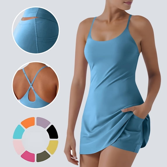 Textilo Womens Square Neck Tennis Dress Built In Shorts with Pockets Sleeveless Dress Side Slit Adjustable Straps Skort Dress Athletic Workout Golf Tennis Active Outfits,Sky Blue M