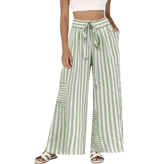 Textilo Womens Summer Casual Striped Pants Wide Leg Drawstring Pants with Pockets Elastic Waist Palazzo Trousers Summer Beach Vacation Comfy Lounge Boho Clothing,Green XL