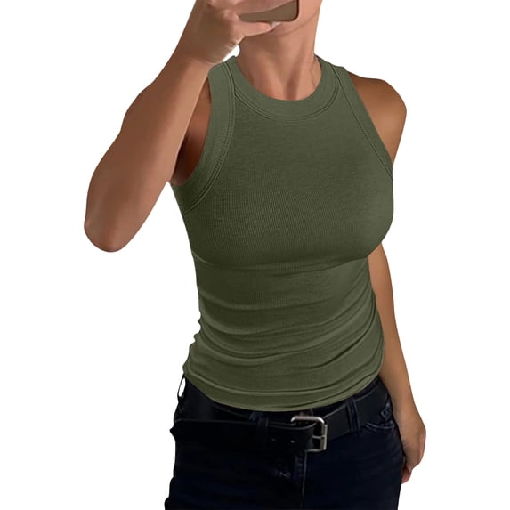 Textilo Womens Tank Tops Racerback Ribbed Knit Sleeveless Tops High Neck Thick Strap Shirts Crewneck 2026 Summer Casual Basic Going Out Y2k Outfits,Camouflage Green L