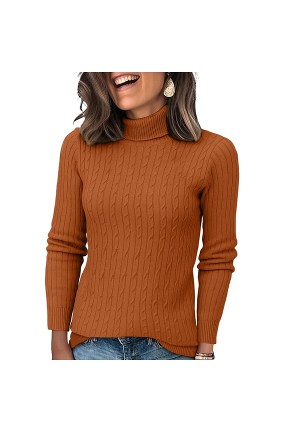 Womens Turtleneck Long Sleeve Sweater Fall Winter Trendy Chunky Knitted Pullover Tops Oversized High Low Hem Sweaters Brown 10