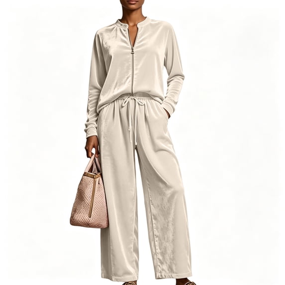 Textilo Womens Velour Set Long Sleeve Zip Up Top and Wide Leg Drawstring Pants Set with Pockets High Waist Set Travel Spring Summer Vacation Loose-Fit Walking Clothes,Beige XL