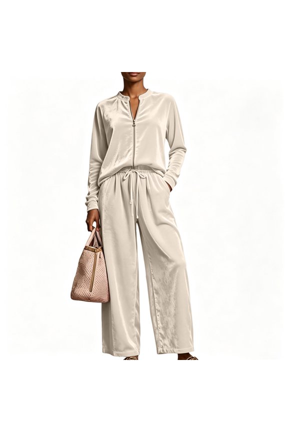 Womens Velour Set Long Sleeve Zip Up Top and Wide Leg Drawstring Pants Set with Pockets High Waist Set Travel Spring Summer Vacation Loose-Fit Walking Clothes,Beige XL