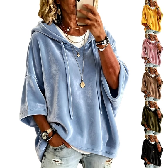Textilo Womens Velvet Hoodies 3/4 Batwing Sleeve Drawstring Hoodie Hooded Solid Color Pullover Tops 2026 Fall Winter Fashion Lightweight Y2k Clothing,Khaki 2XL