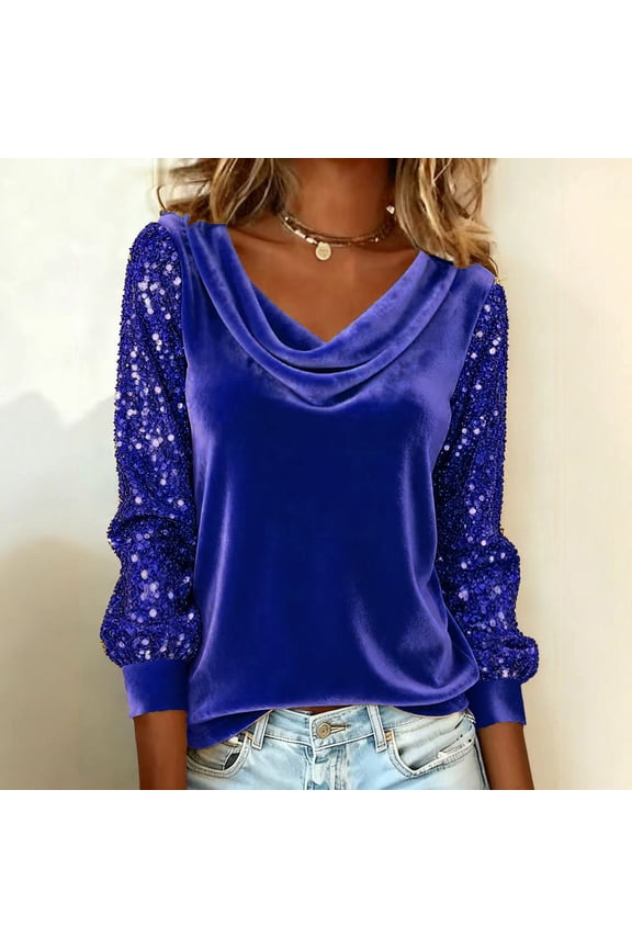 Womens Velvet Tops Cowl Neck Drape Ruched Front Long Sleeve T Shirts Cocktail Evening Party Dressy Shirt Blouses L